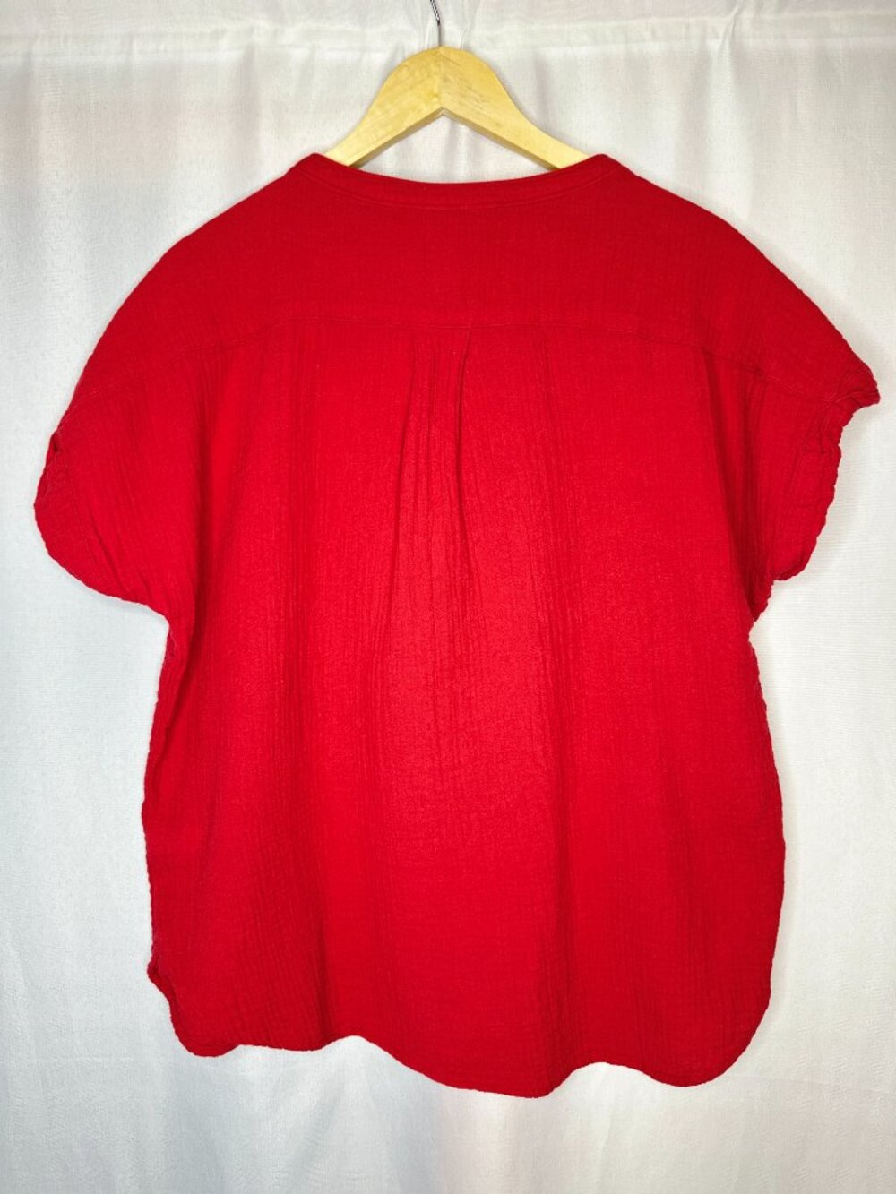 Quince Gauze Cotton Red Short Sleeve Blouse, Large Resort Minimalist Lagenlook - Picture 2 of 9